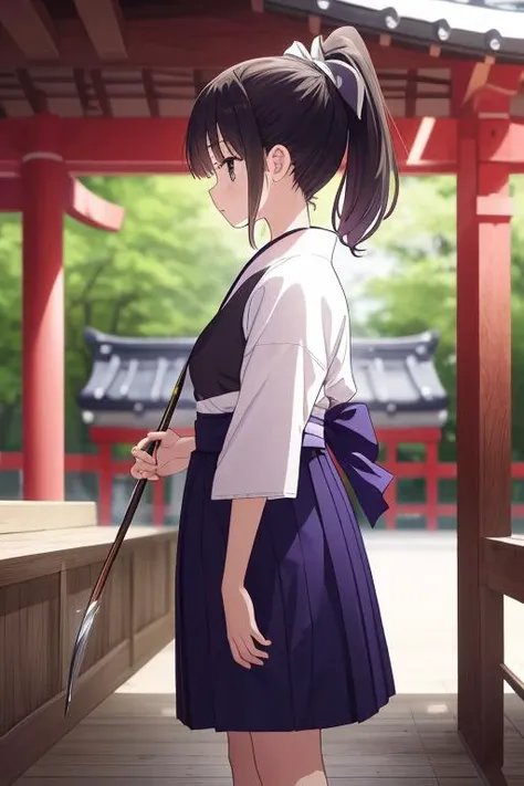 masterpiece, best quality,ultra detail,girl,ponytail,standing,stylish angle,small breasts,short sleeve,(muneate),hakama,japanese clothes,japanese dojo, <lora:kyudo_uniform:0.7>,bow and arrow,breast armor,round target