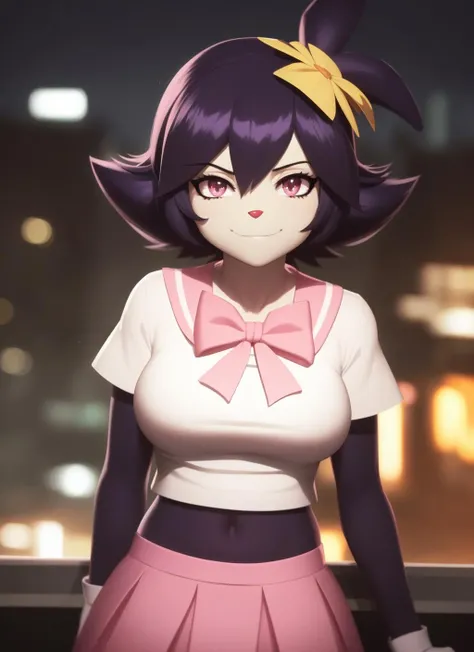animedot, 1girl, furry female, anthro, portrait, close-up,  school uniform, serafuku, fur trim, solo, body fur, (best quality), (detailed urban background:1.2), dramatic lighting, detailed fluffy fur, looking at viewer,  medium breasts, hair flower, smile, white shirt, pink sailor collar, pink bow, white gloves, <lora:animedot-v1:1>
