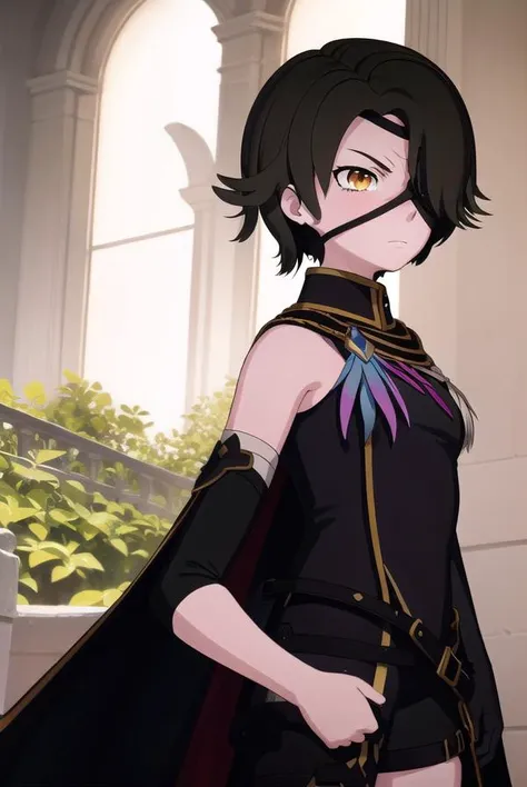cinderfall, <lora:cinderfall-lora-nochekaiser:1>,
cinder fall, short hair, black hair, (yellow eyes:1.5),
BREAK thighhighs, gloves, jewelry, boots, shorts, black gloves, belt, cape, thigh boots, bandages, dress, black dress, black cape, eyepatch,
BREAK indoors,
BREAK looking at viewer, (cowboy shot:1.5),
BREAK <lyco:GoodHands-beta2:1>,