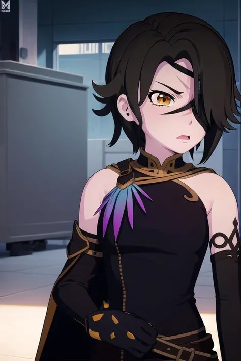 cinderfall, <lora:cinderfall-lora-nochekaiser:1>,
cinder fall, short hair, black hair, (yellow eyes:1.5),
BREAK thighhighs, gloves, jewelry, boots, shorts, black gloves, belt, cape, thigh boots, bandages, dress, black dress, black cape, eyepatch,
BREAK indoors,
BREAK looking at viewer, (cowboy shot:1.5),
BREAK <lyco:GoodHands-beta2:1>, (masterpiece:1.2), best quality, high resolution, unity 8k wallpaper, (illustration:0.8), (beautiful detailed eyes:1.6), extremely detailed face, perfect lighting, extremely detailed CG, (perfect hands, perfect anatomy),