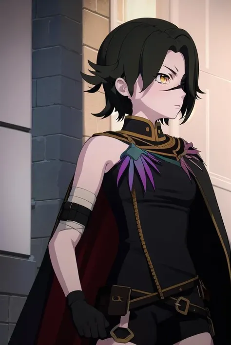 cinderfall, <lora:cinderfall-lora-nochekaiser:1>,
cinder fall, short hair, black hair, (yellow eyes:1.5), eyepatch, 
BREAK thighhighs, gloves, jewelry, boots, shorts, black gloves, belt, cape, thigh boots, bandages, dress, black dress, black cape,
BREAK indoors,
BREAK looking at viewer, (cowboy shot:1.5),
BREAK <lyco:GoodHands-beta2:1>,