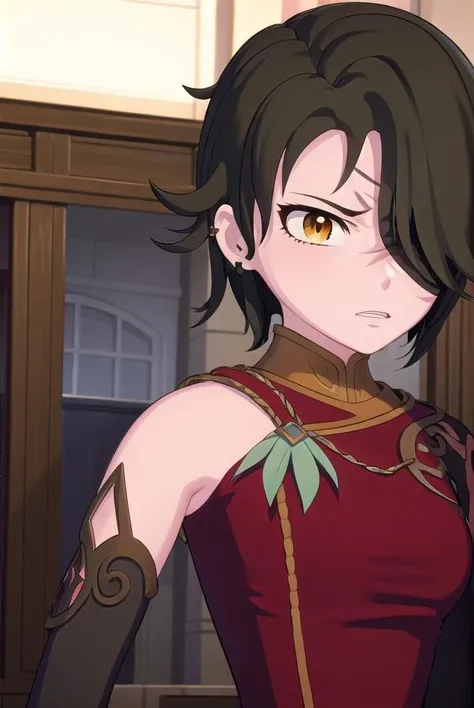 cinderfall, <lora:cinderfall-lora-nochekaiser:1>,
cinder fall, short hair, black hair, (yellow eyes:1.5),
BREAK gloves, dress, jewelry, earrings, black gloves, elbow gloves, hair over one eye, tattoo, scar, chinese clothes, red dress, china dress,
BREAK indoors,
BREAK looking at viewer, (cowboy shot:1.5),
BREAK <lyco:GoodHands-beta2:1>,