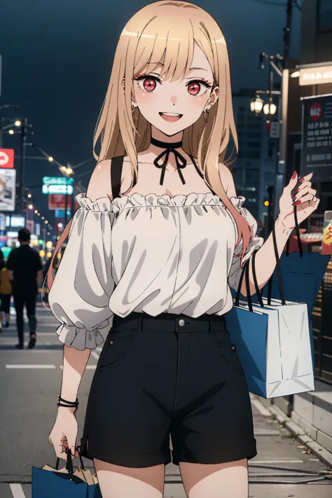 best quality, (masterpiece:1.2), detailed,
<lora:chara_SonoBisqueDoll_KitagawaMarin_v1:0.8>, kitagawa marin sb,
1girl, solo, teeth, wide smile, earrings,
long hair, blonde hair, red eyes, multicolored hair, black ribbon, black choker,
black shorts, white shirt, off shoulder, shirt tucked in,
standing, looking at the viewer,
outdoors, shopping