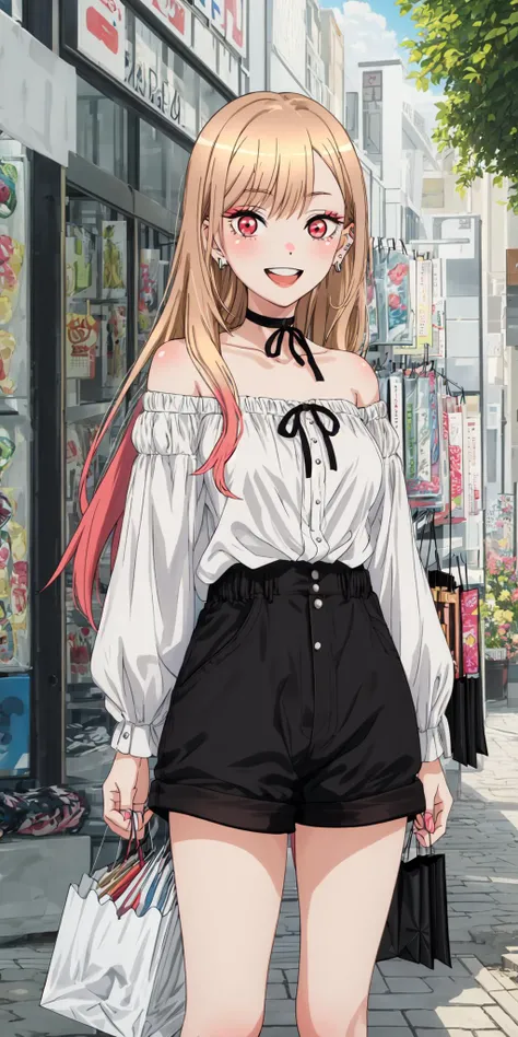best quality, (masterpiece:1.2), detailed,
<lora:chara_SonoBisqueDoll_KitagawaMarin_v1:0.8>, kitagawa marin sb,
1girl, solo, teeth, wide smile, earrings,
long hair, blonde hair, red eyes, multicolored hair, black ribbon, black choker,
black shorts, white shirt, off shoulder, shirt tucked in,
standing, looking at the viewer,
outdoors, shopping