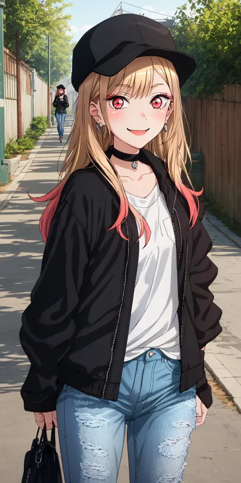best quality, (masterpiece:1.2), detailed,
<lora:chara_SonoBisqueDoll_KitagawaMarin_v1:0.8>, kitagawa marin sb,
1girl, solo, wide smile, earrings,
long hair, blonde hair, red eyes, multicolored hair, black ribbon, black choker,
black headwear, denim, black jacket, white shirt, jeans, long sleeves
standing, looking at the viewer,
outdoors, smug face