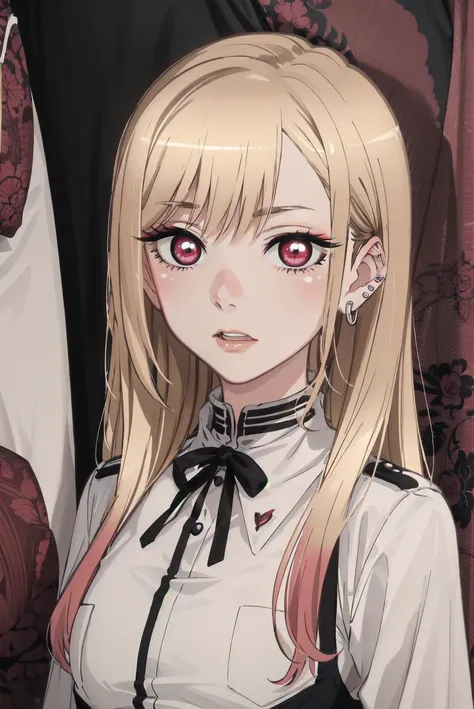 (8k), sharp focus, highres, 1girl, solo, upper body, (high quality:1.2), (high detail:1.2), (masterpiece:1.2), (extremely detailed:1.2), <lora:chara_SonoBisqueDoll_KitagawaMarin_v1:0.8> kitagawa marin sb, blonde hair, long hair, bangs, red eyes, ear piercing, multicolored hair, choker, shirt <lora:blushyspicy_style by goofy ai:1.2>