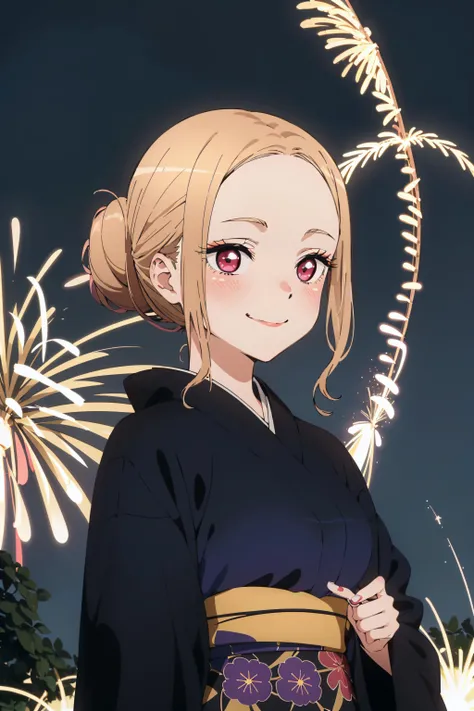 best quality, (masterpiece:1.2), detailed,
<lora:chara_SonoBisqueDoll_KitagawaMarin_v1:0.8>, kitagawa marin sb,
1girl, solo, closed mouth, light smile, blush,
(forehead:1.2), blonde hair, red eyes, hair bun, sidelocks, 
black kimono, floral print, purple obi,
standing, looking at the viewer, upper body,
firework, night