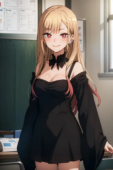 best quality, (masterpiece:1.2), detailed,
<lora:chara_SonoBisqueDoll_KitagawaMarin_v1:0.8>, kitagawa marin sb,
1girl, solo, closed mouth, smile, blush,
long hair, blonde hair, red eyes, multicolored hair, earrings,
black dress, long sleeves, wide sleeves, off shoulder, medium breasts, cleavage, detached collar, black collar,
standing, looking at the viewer,
classroom