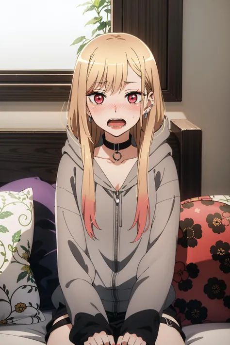 best quality, (masterpiece:1.2), detailed,
<lora:chara_SonoBisqueDoll_KitagawaMarin_v1:0.8>, kitagawa marin sb,
1girl, solo, open mouth, wavy mouth, nose blush,
long hair, blonde hair, red eyes, multicolored hair, earrings,
black collar, grey hoodie, sleeves past wrists,
sitting, looking at the viewer,
indoors, couch