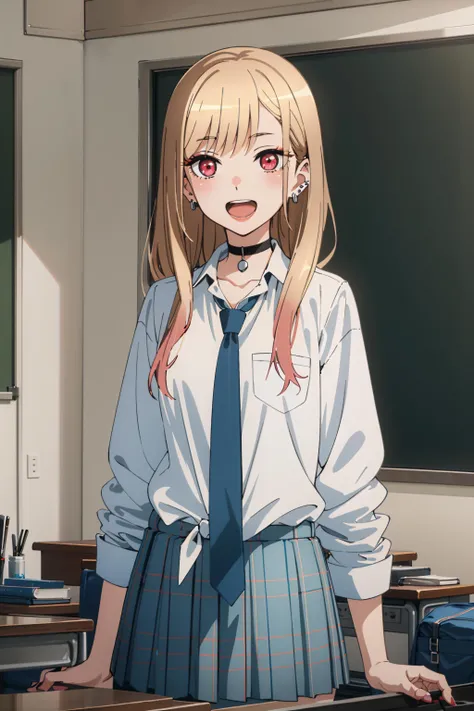best quality, (masterpiece:1.2), detailed,
<lora:chara_SonoBisqueDoll_KitagawaMarin_v1:0.8>, kitagawa marin sb,
1girl, solo, open mouth, smile, teeth,
long hair, blonde hair, red eyes, multicolored hair, earrings,
school uniform, choker, white shirt, pleated skirt, blue skirt, blue necktie,
standing, looking at the viewer,
classroom