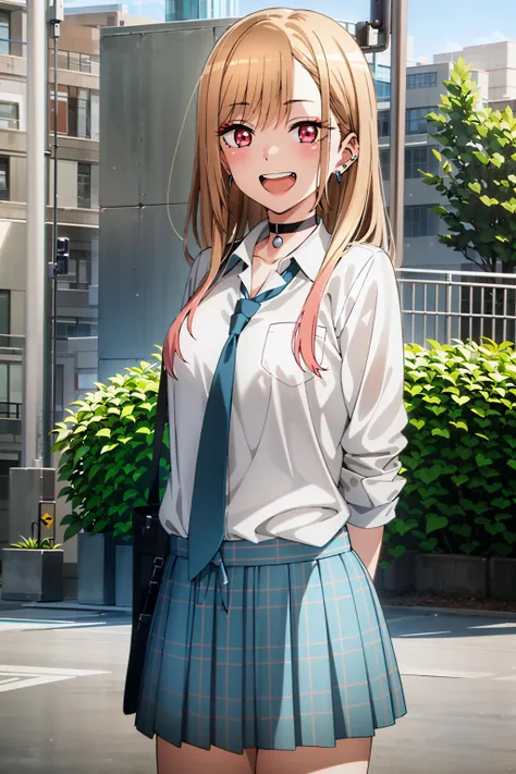 best quality, (masterpiece:1.2), detailed,
<lora:chara_SonoBisqueDoll_KitagawaMarin_v1:0.8>, kitagawa marin sb,
1girl, solo, open mouth, grin, smile,
long hair, blonde hair, red eyes, multicolored hair, earrings,
school uniform, choker, white shirt, pleated skirt, blue skirt, blue necktie,
standing, looking at the viewer,
outdoors