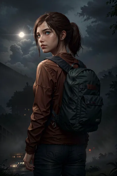 EEllie, 1girl, solo, realistic, brown hair, freckles, blue eyes, red shirt, layered sleeves, ponytail, masterpiece, best quality, cinematic lighting, <lora:epi_noiseoffset2:1>, <lora:Ellie:0.74>, looking at viewer, from behind, night, rain, clouds, (skycrapper:1.2), new york, dark buildings, city, overgrown, moss, grass, interstate, backpack,