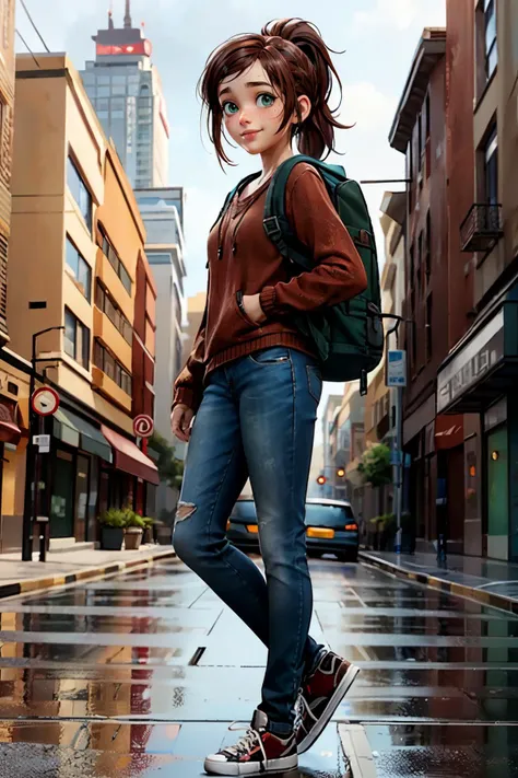 TLOUEllie, brown hair, ponytail, green eyes,red sweater, backpack, jeans, sneakers, looking at viewer, smiling, standing, full body shot, outside, city, sidewalk, overcast, high quality, masterpiece, <lora:TLOUEllie:.7>