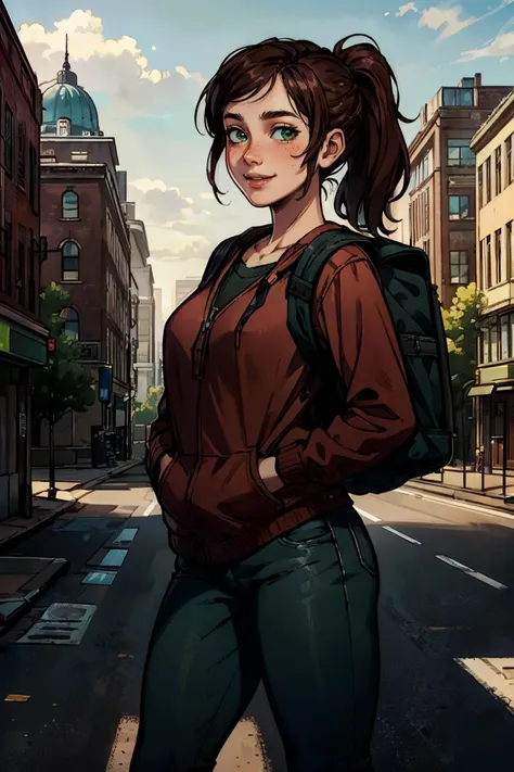 TLOUEllie, brown hair, ponytail, green eyes, red sweater, backpack, jeans, looking at viewer, smiling, medium shot, standing, hands on hips, outside, city, street, overcast, winter, high quality, masterpiece, <lora:TLOUEllie:.7>