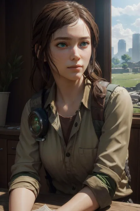 (masterpiece, realistic:1.3), (extremely intricate:1.2), (photorealistic:1.4), (extremely delicate), (ultra realistic:1.3), (hyperrealistic 3d render), hyperrealistic photography, extremely detailed CG unity 8k wallpaper, HDR, RAW photo, front lighting, fantasy, intricate, elegant, highly detailed, lifelike, photorealistic, digital painting, <lora:TLOUEllie:0.8> TLOUEllie, 1girl, solo, brown hair, long hair, green eyes, In a secluded building that has been destroyed, <lora:colorize:0.7>