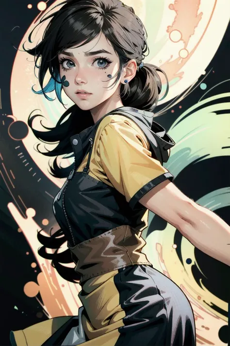 anime artwork of ((ultra detailed, masterpiece, absurdres)) <lora:TLOUEllie:0.65>TLOUEllie a girl with long hair (multi color hair) and a colorful dress on her face, with a black background and a black background, Artgerm, anime art, cyberpunk art, holography, anime style, key visual, vibrant, studio anime, highly detailed