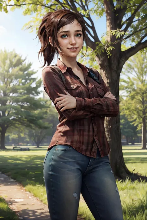TLOUEllie, brown hair, ponytail, green eyes, red flannel shirt, jeans, looking at viewer, smiling, standing, medium shot, arms crossed, outside, park, trees, winter, grass, blue sky, high quality, masterpiece, <lora:TLOUEllie:.7>