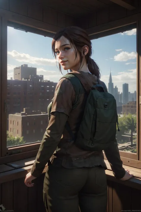 (masterpiece, realistic:1.3), (extremely intricate:1.2), (photorealistic:1.4), (extremely delicate), (ultra realistic:1.3), (hyperrealistic 3d render), hyperrealistic photography, extremely detailed CG unity 8k wallpaper, HDR, RAW photo, front lighting, fantasy, intricate, elegant, highly detailed, lifelike, photorealistic, digital painting, smile512, <lora:TLOUEllie:0.8> TLOUEllie, 1girl, solo, brown hair, long hair, green eyes, In a secluded building that has been destroyed, <lora:colorize:0.7> view from behind,
