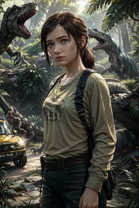 Ellie, 1girl, solo, realistic, brown hair, freckles blue eyes, ponytail, shirt, lips, layered sleeves,masterpiece, best quality, cinematic lighting, <lora:epi_noiseoffset2:1>, <lora:Ellie:0.7>, looking at viewer, (jurassic park:1.28), (dinosaur:1.18), yellow jeep, car, prehistoric, tropical, jungle, clearing, horizon,
