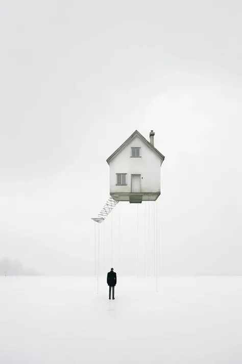 <lora:Akos Major style:1>Akos Major style - A man in a white space, a suspended house artwork