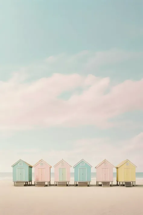 <lora:Akos Major style:1>Akos Major style - Imagine a scene right out of a Wes Anderson film, set on a quaint summer beach. Shot on a Canon EOS 5D Mark IV with a 35mm lens, the image is composed with Anderson's signature symmetrical style and pastel color palette. The frame is neatly divided by the horizon line, with pale, sandy beach below and a clear, turquoise sky above. The beach huts, painted in pastel pinks, blues, and yellows, line the shore, each with its own character, yet perfectly spaced for harmonious symmetry. The people are few and subtly staged, each engaging in whimsical beach activities that hint at unique, unspoken narratives. A striped beach umbrella, impeccably centered, anchors the scene, its bold lines contrasting with the softness of the environment. The bright, uniform lighting, achieved through meticulous post-production work, ensures no shadows disrupt the harmonious color scheme. The beach scene is not just a place, but a charming diorama of characters and colors, frozen in a moment of summertime bliss, as seen through the idiosyncratic lens of Wes Anderson