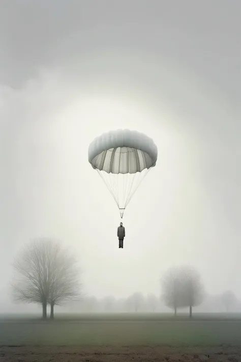 <lora:Akos Major style:1>Akos Major style - une architecture photo hyperraliste divisare focale format 40 mm ciel gris un blanc hyperraliste un parachute blanc au sol sur un vert de campagne