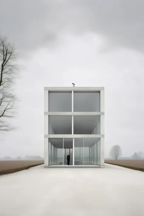 <lora:Akos Major style:1>Akos Major style - a hyperrealistic photo architecture divisare focal length 40 mm format grey sky a hyperrealistic une maison pavillon blanche francaise building in form of glass with a structure of white concrete post and white metal joinery and black joints in a field of a french landscape of architect bruther as the photographer maxime delvaux and photography of the site of archtecture divisare with concrete building