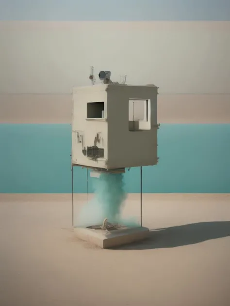 <lora:AkosMajor:1>imagine a aluminium smoke machine in the middle of the dead sea by Alec Soth