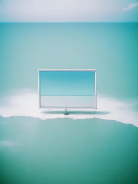 <lora:AkosMajor:1>blank white billboard in middle of ocean, kodak portra 400, film, 35mm