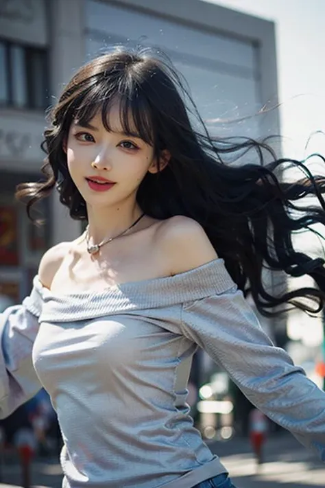 best quality, 1girl, (skindentation), (large breast), (day), bright, blur background, outdoor, (street:0.6), (people, crowds:1), (off-shoulder shirt:1.5), gorgeous, (wavy hair:1.5), (floating hair:1.5), (dynamic pose:1.3), soft lighting, wind, garden,