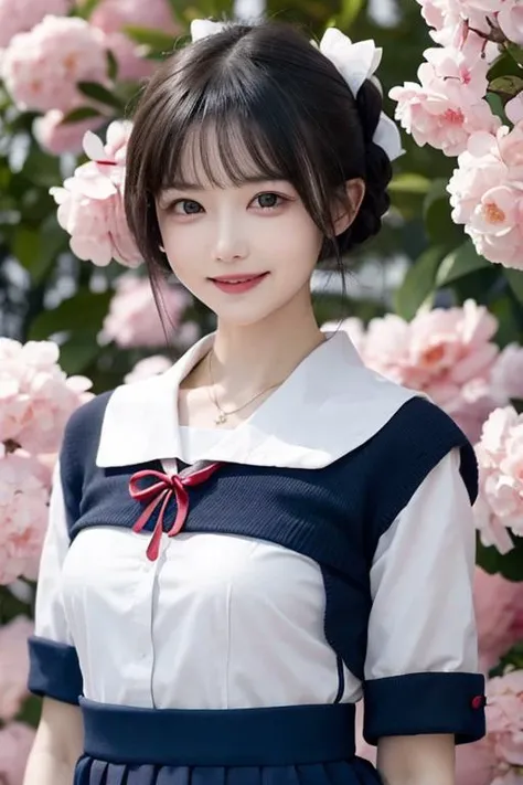 (masterpiece, best quality:1.4), kawaii in the style of 0mib, 1girl, solo, happy, smile, blonde short hair, serafuku, flower pattern background,