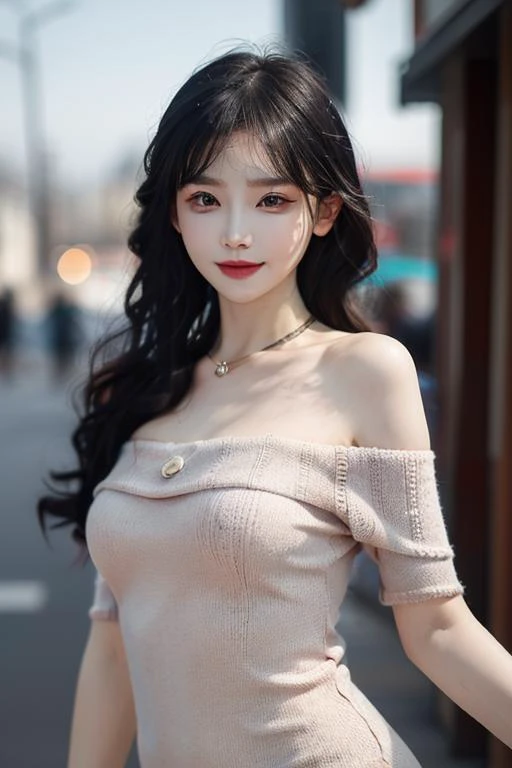 (delicate illustration:1.3),(masterpiece:1.0), (best quality:1.4), (ultra highres:1.2), (photorealistic:1.4), (8k, RAW photo:1.2), (sharp focus:1.3), full body, (23yo:1.3), (((1 girl wearing detailed off-the-shoulder knit one-piece dress))), (dark colored clothes), (((city background))), ((brown contacts, sweaty white skin)) , collar bone, huge breasts, (happy smile), scenery, bangs:1.2, beautiful detailed eyes, (face focus), looking into the camera, slim, slender waist, thin leg, (cute), (beautiful), view from above, pureerosface_v1, ulzzang-6500-v1.1