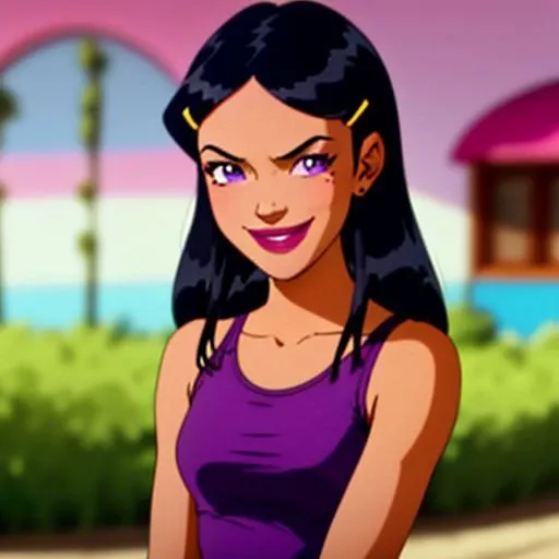 <lora:TotallySpies-18:1>, 1girl, solo, Mandy, long hair, black hair, hair ornament, hairclip, makeup, lipstick, purple eyes, mole under eye, smile, green tank top, khaki capris