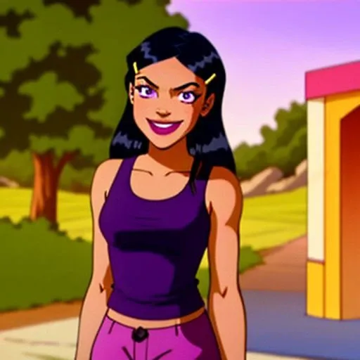 <lora:TotallySpies-18:1>, 1girl, solo, Mandy, long hair, black hair, hair ornament, hairclip, makeup, lipstick, purple eyes, mole under eye, smile, green tank top, khaki capris