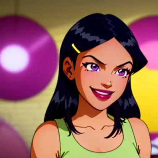 <lora:TotallySpies-18:1>, 1girl, solo, Mandy, long hair, black hair, hair ornament, hairclip, makeup, lipstick, purple eyes, mole under eye, smile, green tank top with a single line being yellow in color with small cut-out sections going down the center, khaki capris