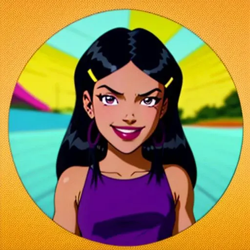 <lora:TotallySpies-18:1>, 1girl, solo, Mandy, long hair, black hair, hair ornament, hairclip, makeup, lipstick, purple eyes, mole under eye, smile, green tank top with a single line being yellow in color with small cut-out sections going down the center, khaki capris