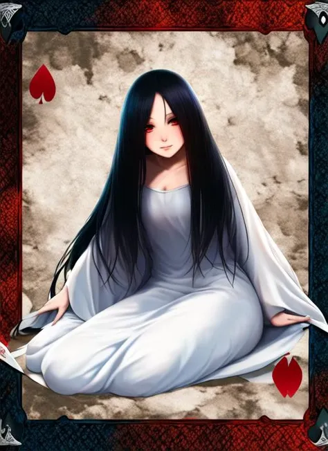 ((masterpiece)),(best quality), <lora:Sadakobest:0.4>, sadako_yamamura, white dress, red eyes, <lora:animePlayingCards_1:1>,playing card style,(Poker Card),