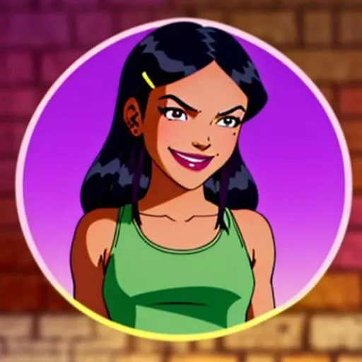 <lora:TotallySpies-18:1>, 1girl, solo, Mandy, long hair,  black hair, hair ornament, hairclip, makeup, lipstick, purple eyes, mole under eye, smile, green tank top with a single line being yellow in color with small cut-out sections going down the center, khaki capris