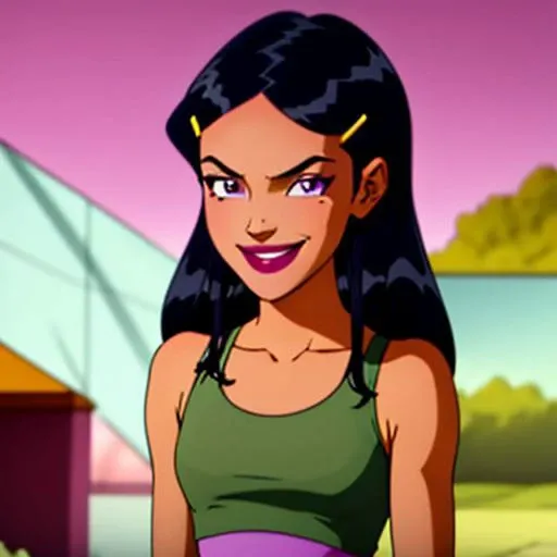 <lora:TotallySpies-18:1>, 1girl, solo, Mandy, long hair, black hair, hair ornament, hairclip, makeup, lipstick, purple eyes, mole under eye, smile, green tank top with a single line being yellow in color with small cut-out sections going down the center, khaki capris