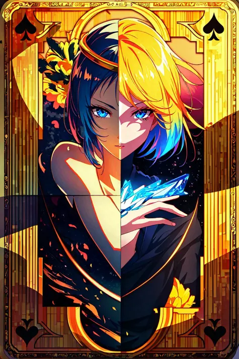 <lora:AnimePokerCard:1> (masterpiece, best quality, ultra-detailed, highres, poker card background), perfect face, sidelighting, lustrous skin,(bloom), (shine), lighting, ray tracing, sci-fi, solo, 1girl, holographic, blue eyes, solo, rainbow hair, superhero, sera fuku, upper body, looking at viewer, beard,   lips, mustache, jack of hearts,(poker card background),  depth_of_field,very detailed background, highly detailed background, Masterpiece, Ultra detailed, great composition,Dynamic angle,[Bottle bottom],(wide shot), extremely delicate and beautiful,(Highest picture quality), (Master's work),   depth of field, solo, extreme light and shadow, masterpiece, rich in detail, (fine features), (highest quality), (masterpiece), (detailed eyes), (beautiful) detailed,beautiful detailed eyes, anime:1, (extremely detailed playing card 8k wallpaper),(masterpiece), (best quality), (ultra-detailed), (best illustration),(best shadow),perfect lighting , perfect anatomy , vivid colors,(ultra detailed),