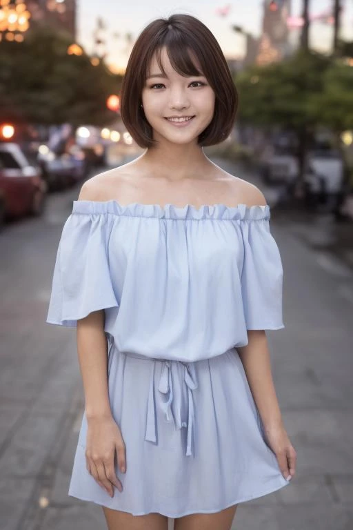 1girl, (wearing an off-the-shoulder dress:1.4),(RAW photo, best quality), (realistic, photo-realistic:1.4), masterpiece, an extremely delicate and beautiful, extremely detailed, 2k wallpaper, Amazing, finely detail, extremely detailed CG unity 8k wallpaper, ultra-detailed, highres, soft light, beautiful detailed girl, extremely detailed eyes and face, beautiful detailed nose, beautiful detailed eyes,(cinematic lighting:0.8),(in the city at night:2.0),perfect anatomy,(slender body:1.8),(laughing:1.6),(young girl:1.8),(close up:1.0),(look at viewer),cinematic angle,(cleavage:0.8),(wavy hair),(brown eyes:1.6), (standing:2.0), <lora:shimojishino_lora-06:0.8>