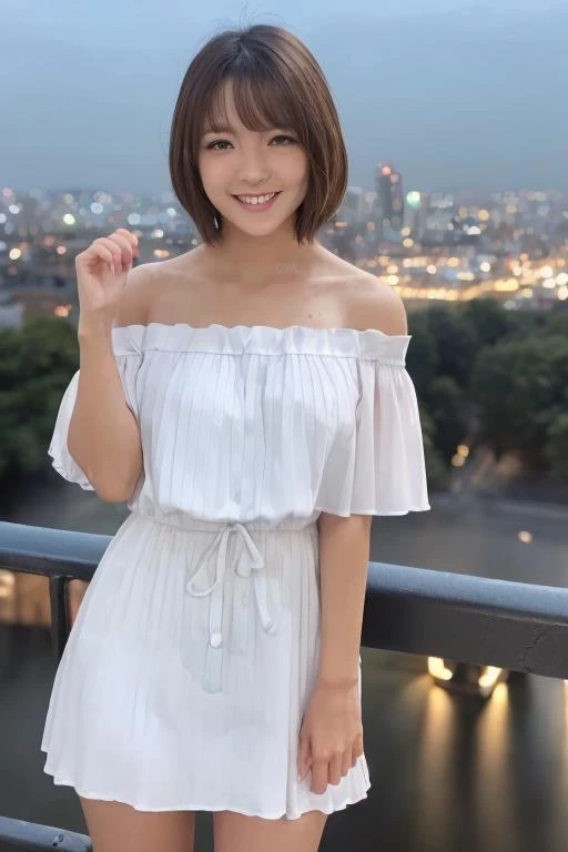 highest quality, masterpiece, Ultra-high resolution, (Reality: 1.4), Original photo, 1 woman, mature, happy smile, short hair, plump body, , Cinema Lighting, from below, ゆったりとした白のワイシャツ, sunset, cowboy shot、High school girls after school,