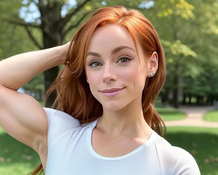 (headshot), (extreme face (closeup)) of LaurenFindleyV1 posing in the park and flexing her arms. Wearing a long-sleeved crop top, black leggings and (boots:1). Sunny, sunshine. Matte skin, pores, colors, hyperdetailed, hyperrealistic. Natural, realistic, photograph.