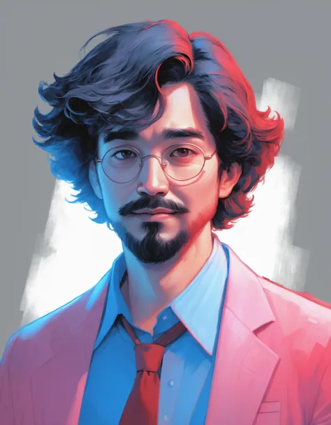 lukelyn kao, portrait ,illustration, man, in the style of red, blue and pink, duotone, charles vess, confessional, sketchy, glitchy, bob ross, chalk, traditional media, pastel style, Alex Ross, marvel comics, marvel movies