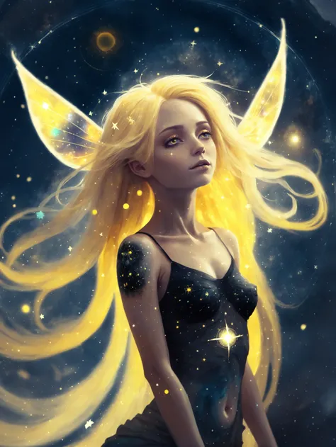 digital painting, celestial, 1girl, woman, f/1.4 lens, bokeh, tiny black Rose sprite,insect wings see-through gossamer, panicking, bombshell hair, yellow hair, low-tied long hair, toned body, athletic build, narrow waist, small breasts, caucasian, (whimsical,Cryptic fantasy megacity outside of the universe:1)<lora:EnvyCelestialXL02:5>
