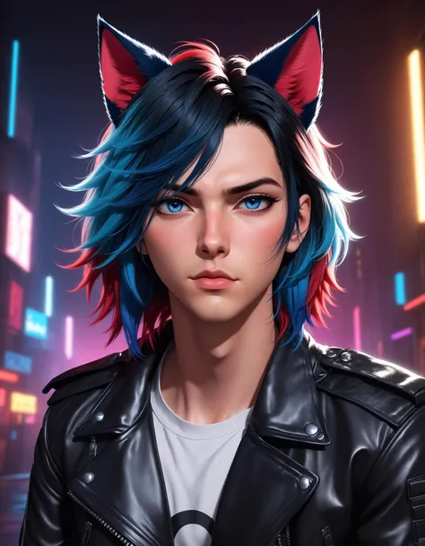 1boy, Criss X'voor, solo, looking at viewer, blue eyes, animal ears, cat ears, multicolored hair, black hair, red hair, parted lips, jacket, pouting, lips, gradient hair, leather, leather jacket, cyberpunk, cinematic lighting, cinematic angle, masterpiece, best quality