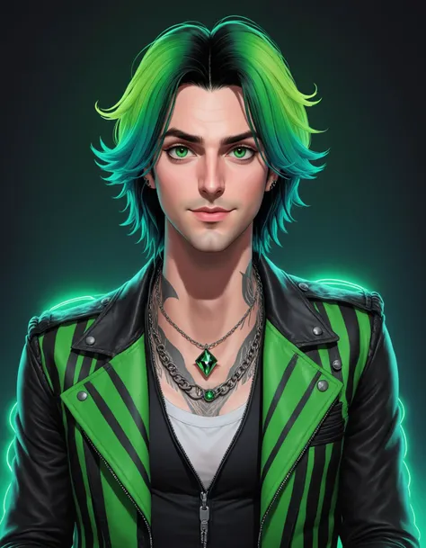 1boy, Lawrence Shoggoth, Beetlejuice, Alex Brightman as Beetlejuice, male focus, solo, gradient hair, multicolored hair, black hair, green eyes, green hair, jewelry, open clothes, jacket, necklace, open jacket, black jacket, shirt, crop top, tattoo, pendant, leather, leather jacket, looking at viewer, grin, magic, poltergeist vibes, cinematic angle, cinematic lighting, masterpiece, best quality