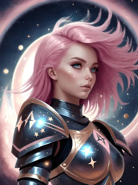 digital painting, celestial, 1girl, woman, rune knight sexy armor, bombshell hair, matte pink hair, swept bangs, athletic hourglass figure, caucasian<lora:EnvyCelestialXL02:5>