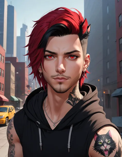 solo, looking at viewer, short hair, black hair, red eyes, 1boy, jewelry, closed mouth, upper body, male focus, red hair, earrings, outdoors, hood, necklace, streaked hair, tattoo, facial hair, animal, scar, piercing, cat, hood down, building, portrait, beard, scar on face, serious, city, scar across eye, stubble, black cat, facial tattoo, hyur, cinematic angle, cinematic lighting, masterpiece, best quality