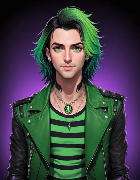 1boy, Lawrence Shoggoth, Beetlejuice, Alex Brightman as Beetlejuice, male focus, solo, gradient hair, multicolored hair, black hair, green eyes, green hair, jewelry, open clothes, jacket, necklace, open jacket, black jacket, shirt, crop top, tattoo, pendant, leather, leather jacket, looking at viewer, smile, cinematic angle, cinematic lighting, masterpiece, best quality